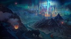 an image of a fantasy scene with mountains and buildings in the background at night time