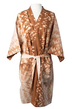 Caramel Tie Dye Robe - Ten Thousand Villages Vacation Kimono With Natural Dye And Kimono Sleeves, Vacation Kimono With Natural Dye, Cotton Kimono With Natural Dye And Kimono Sleeves, Cotton Robe With Kimono Sleeves For Relaxation, Cotton Kimono With Natural Dye And Relaxed Fit, Spring Loungewear Kimono With Natural Dye, Relaxed Fit Cotton Robe With Kimono Sleeves, Beige Cotton Kimono With Relaxed Fit, Oversized Cotton Kimono For Daywear