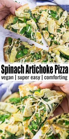 spinach artichoke pizza with vegan, super easy comforting toppings