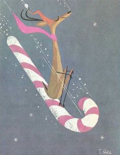 an illustration of a dog flying through the air on top of a candy cane with snowflakes