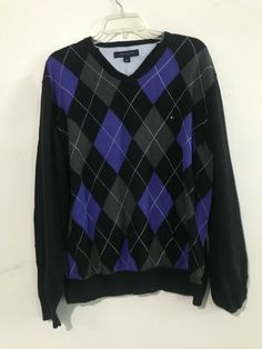 Tommy Hilfiger Size L Plaid Purple Gray Black Men V Neck Sweater 100% Cotton Measurements: Chest 25 inches arm pit to arm pit Length 26 inches shoulder to hem 100% cotton Winter Cotton Argyle Sweater, Tommy Hilfiger Cotton Sweater For Fall, Casual Cotton Sweater With Argyle Pattern, Casual Cotton Tops With Argyle Pattern, Casual Cotton Argyle Sweater, Tommy Hilfiger Black Tops For Fall, Black Tommy Hilfiger Tops For Fall, Classic Black Tommy Hilfiger Top, Tommy Hilfiger Black Long Sleeve Top