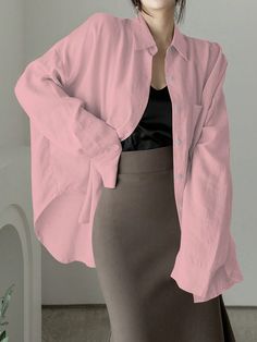 Pink Casual Collar Long Sleeve Woven Fabric Plain Shirt Embellished Non-Stretch Spring/Fall Women Clothing Oversized Pink Blouse With Pockets, Oversized Long Sleeve Pink Blouse, Pink Oversized Long Sleeve Shirt, Pink Solid Color Shirt For Workwear, Oversized Plain Shirt For Spring, Pink Long Sleeve Solid Color Shirt, Pink Solid Color Shirt For Spring, Pink Solid Color Button-up Shirt, Solid Long Sleeve Shirt For Spring