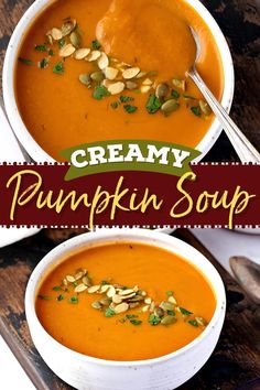 two bowls of creamy pumpkin soup with toasted almonds