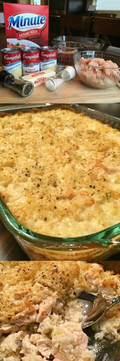 a casserole dish with meat and cheese in it on a table next to other food items