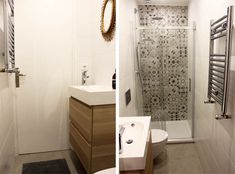 two pictures of a bathroom with toilet, sink and shower in one photo the other has a mirror on the wall