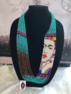 Beautiful frida necklace made with chaquira by Mexican artisans. Frida Kahlo Beads Pattern, Serape Beaded Necklace, Bohemian Multicolor Embroidered Beaded Necklaces, Huichol Necklace, Spiritual Our Lady Of Guadalupe Pendant Necklace, Beaded Necklaces, Necklace Etsy, Beaded Necklace, Necklaces