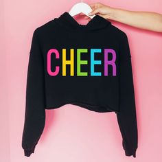 The most beautiful Cheer Sweatshirt ever made with REAL Chenille embroidered Patches! Makes the perfect Gift for any Cheerleader or Cheer Fan! - Crewneck Sweatshirts are UNISEX and come in all sizes - Cropped Hoodies are WOMENS SIZING and only come in adult sizes - Our cozy sweatshirts & tees are soft and durable! - Easy measuring tip: Take your favorite sweatshirt, lay it on a flat surface and measure the width (armpit to armpit) and length (top to bottom) & compare to our size chart to find yo School Spirit Hooded Cotton Tops, Fun Hooded Tops With Letter Print, Casual Hoodie With Letter Print For Cheerleading, School Hoodie With Letter Print, Letter Print Hoodie For School, Letter Print Hoodie Top, Cheerleader Gifts, Cheer Competition, Cheer Shirt