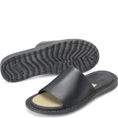 Born *Leeward* Men's Sandal In Black Leather. Medium Width And Super Comfy. Casual Slippers With Removable Insole And Plain Toe, Casual Closed Toe Slides With Rubber Sole, Classic Black Flip Flops With Cushioned Footbed, Casual Leather Slides With Textured Sole, Casual Closed Toe Slides With Cushioned Footbed, Classic Black Cushioned Flip Flops, Classic Flip Flops With Rubber Sole And Round Toe, Black Leather Flip Flops With Comfort Insole, Classic Flip Flops With Round Toe And Rubber Sole