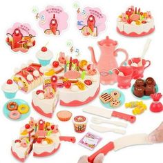 there are many toys and accessories in this play set, including a teapot with cupcakes on it