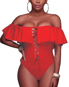 Swimwear Type: one piece, monokini Style: modest, tropical Fabric: 82% nylon, 18% spandex Top Type: flounce Closure: lace up closure Neckline: off shoulder Back Style: backless Color: red3 Decoration: lace up, ruffled Bottom Style: high cut Flounce Pattern, Flounce Swimsuit, Fun One Piece Swimsuit, Pin Up Swimsuit, Halter Swimwear, Plunging One Piece Swimsuit, Ruffle Swimsuit, Monokini Swimsuits, Red Swimsuit