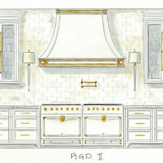 a drawing of a kitchen with white cabinets and gold trimmings on the hood