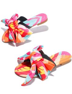 Make heads turn in these super Hot multi colored print and scarf detail sandals. Can be paired with basically anything in your closet. Trendy Floral Print Beach Sandals, Trendy Multicolor Slides, Beach Sandals With Floral Print And Flat Sole, Beach Sandals With Floral Print And Synthetic Material, Open Toe Sandals With Floral Print For Beach Season, Floral Print Open Toe Sandals For Beach Season, Trendy Slides For Day Out, Fun Synthetic Sandals For Vacation, Fun Spring Vacation Sandals