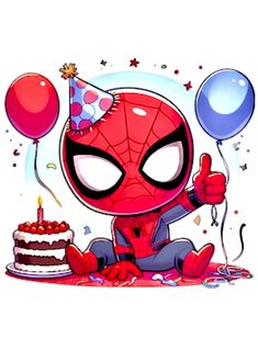 a cartoon spiderman with balloons and a birthday cake on the ground in front of him