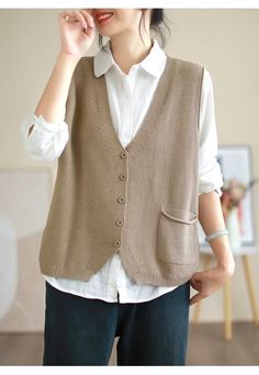 Moongor Casual Solid Color Sleeveless Vest Casual V-neck Vest, White V-neck Vest With Pockets, Beige V-neck Vest With Pockets, Beige V-neck Vest, Casual Beige V-neck Vest, Beige Sleeveless Sweater Vest With Pockets, Casual Brown V-neck Vest, Casual Brown V-neck Tank Top, Baby Wardrobe