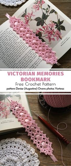 crochet bookmark with pink flowers and leaves on it, next to an open book