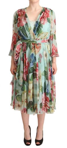 Dolce & Gabbana Multicolor Green Floral Silk Wrap Midi Dress Flora Dress, Dolce Gabbana Dress, Midi Wrap Dress, Wrap Midi Dress, Dolce E Gabbana, Silk Wrap, Green Silk, Silk Chiffon, Dolce & Gabbana