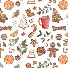 a watercolor christmas pattern with ginger cookies and other holiday treats on a white background