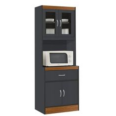 a microwave oven sitting on top of a wooden shelf next to a cabinet with doors