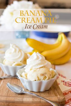 banana cream pie ice cream in small bowls on a cutting board