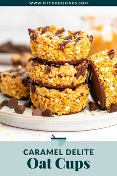 caramel delite oat cups stacked on top of each other with chocolate chips