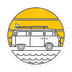 an image of a van with surfboards on the roof parked in front of a sunset