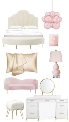 pink and gold bedroom decor with white furniture, lamp, mirror, dresser and bed