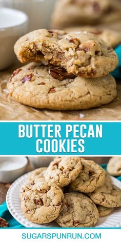 butter pecan cookies stacked on top of each other with the words butter pecan cookies above them