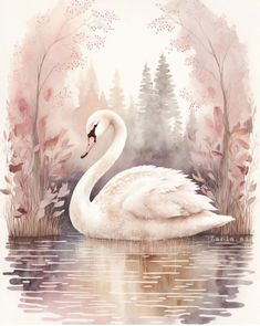 a white swan sitting on top of a lake next to tall grass and tree's