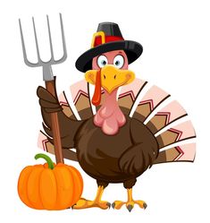 a turkey wearing a pilgrim hat and holding a pitchfork