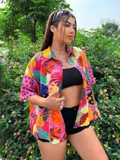 Multicolor Bohemio Collar manga media Tela Lunares,Tropical Camisa Embellished No-Elástico Verano Tropical Shirt Outfit, Hawaiian Party Outfit, Hawaiian Outfit Women, Bonnaroo Outfits, Hawaiian Shirt Outfit, Lollapalooza Outfit, Pool Party Outfits, Festival Outfits Women, Tropical Outfit