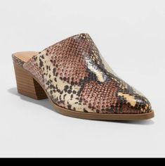 Universal Thread Women's Tobi Snakeskin Heeled Mule Brand New No Box Fall Synthetic Mules With Stacked Heel, Synthetic Slip-on Heels For Fall, Synthetic Closed Toe Mules For Fall, Fall Synthetic Closed Toe Mules, Faux Leather Slip-on Heels For Fall, Snake Print Leather Heels Medium Width, Leather Snake Print Heels, Medium Width Leather Snake Print Heels, Brown Leather Heels With Snake Print