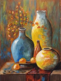 a painting of three vases with flowers in them