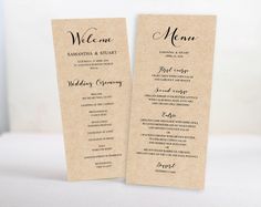 two wedding program cards with the names of each event on them, sitting next to each other