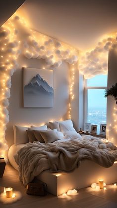 a bedroom with lights on the walls and a bed in the middle that is made up