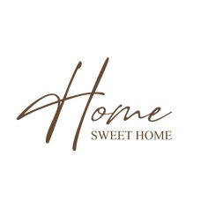 the home sweet home logo is shown in brown on a white background, and it's handwritten