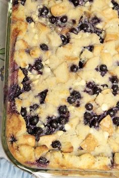 a casserole dish with blueberries in it