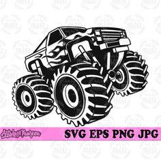 a monster truck with big wheels on it's back and the word svg epss png