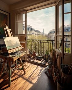 an artist's easel sitting on top of a wooden table in front of a window