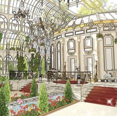 an artistic rendering of the inside of a building with flowers and chandeliers hanging from the ceiling