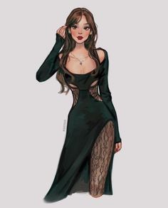 a drawing of a woman in a green dress with long sleeves and thigh high slits