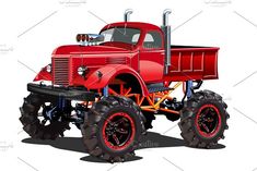 an old red truck with big wheels on a white background - stock photo - images