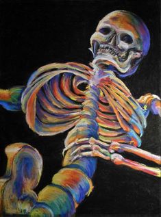 a painting of a skeleton holding a large bone