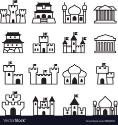 different types of buildings and towers in black and white colors on a white background illustration