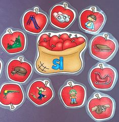 an image of apples with letters and pictures on them