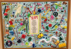 a bulletin board covered in lots of different items and writing on it's side