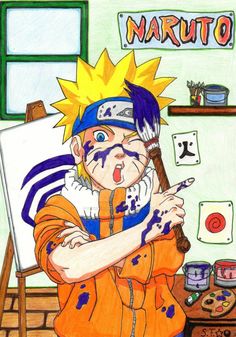 a drawing of a person holding a paintbrush in front of an easel with the word naruto on it