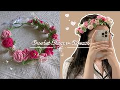 a woman taking a selfie with her cell phone next to a pink flower wreath