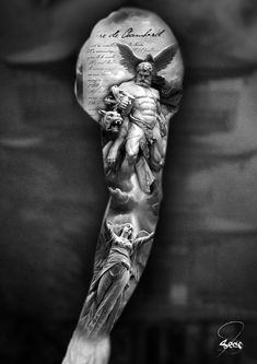 the arm with an angel on it is shown in black and white, as well as writing