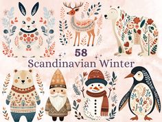 the scandinavian winter clipart set includes animals, birds and snowmen