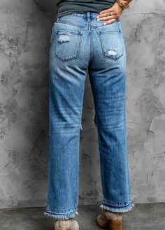 Distressed Boyfriend Jeans The straight legs and loose fit make it comfy to wear. Zip fly and button closure, pockets front and back, frayed edges finished. Jeans With Pockets, Womens Ripped Jeans, Bohemian Style Clothing, Frayed Hem Jeans, Distressed Boyfriend Jeans, Boyfriend Style, Perfect Wardrobe, Denim Outfit, Affordable Fashion